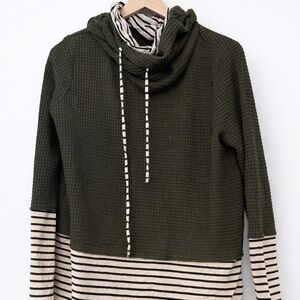 BIB Long Sleeve Waffle Knit Hoodie Tunic Top Olive Green Striped Size M